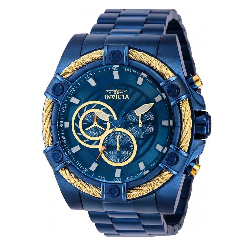 Invicta Bolt Men`s Blue Label 52mm Triple Blue Chronograph Watch 38959 Rare - Dial: Blue, Gold, Band: Blue, Bezel: Blue, Gold, Yellow