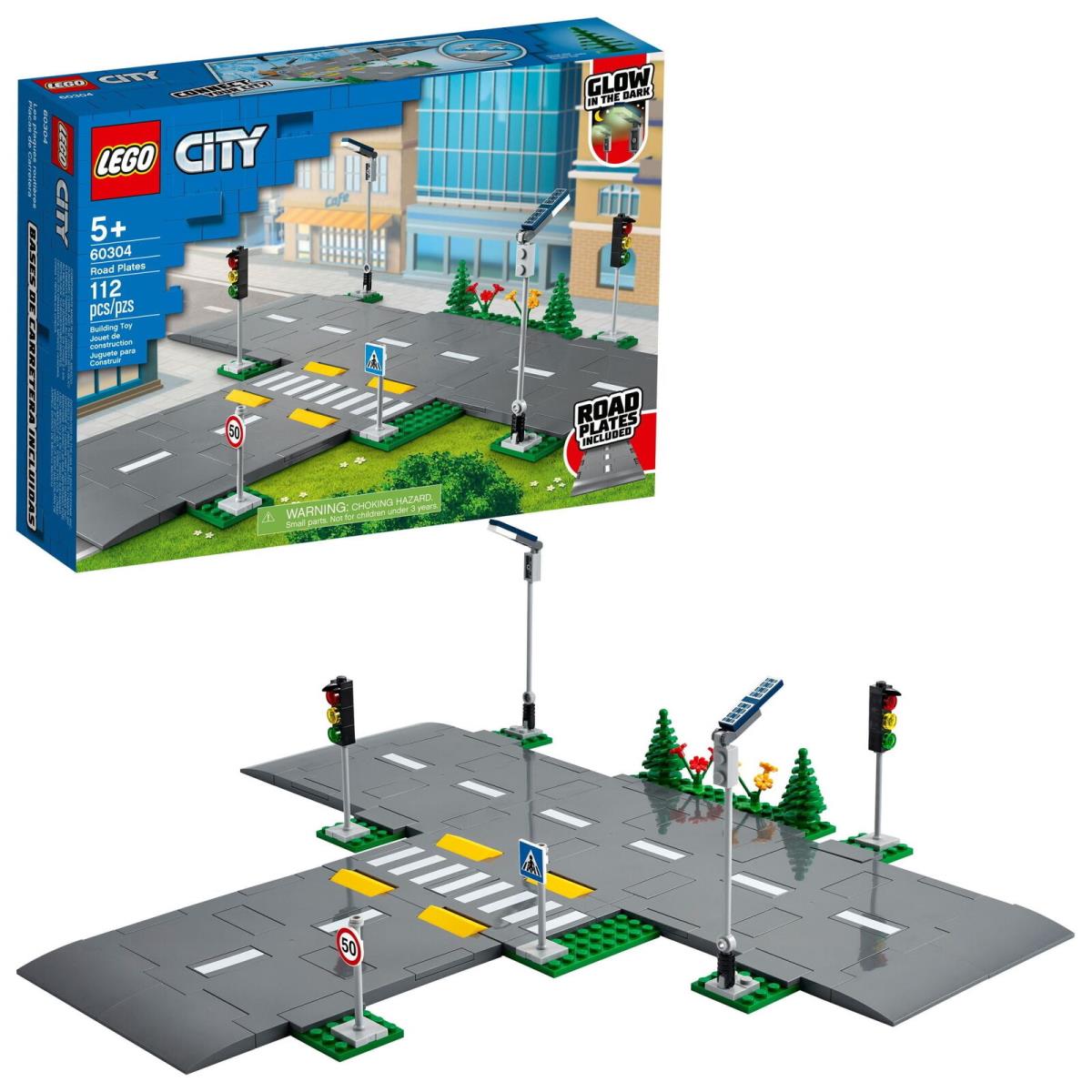 Lego City Road Plates Building Toy Set 60304 with Traffic Lights Trees Glow