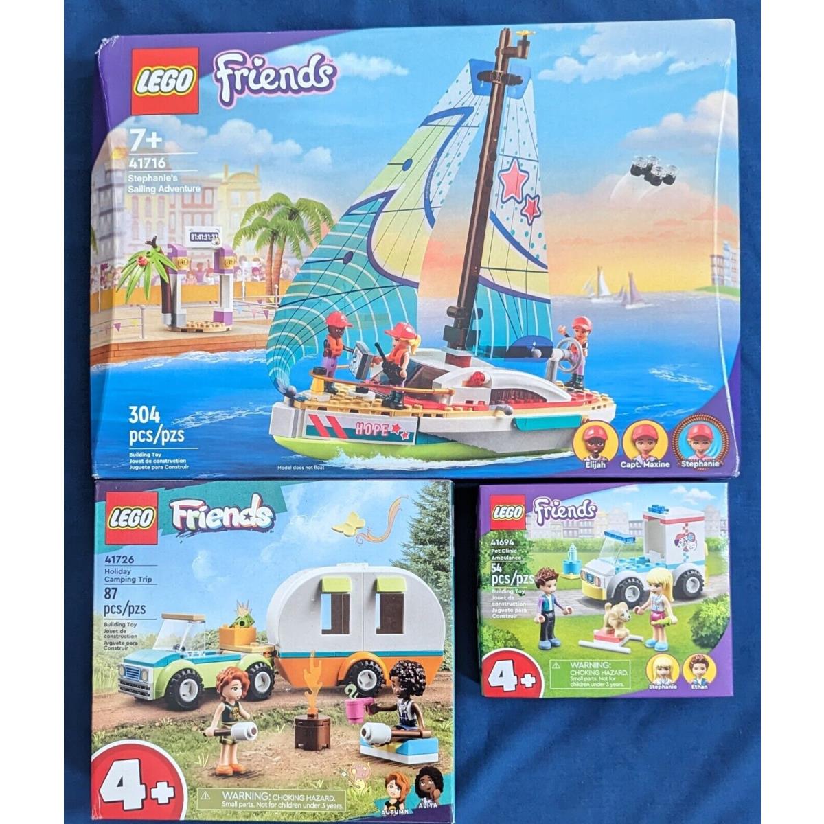 Lego Friends Stephanie`s Sailing 41716 Holiday Camping 41726 Pet Clinic 41694