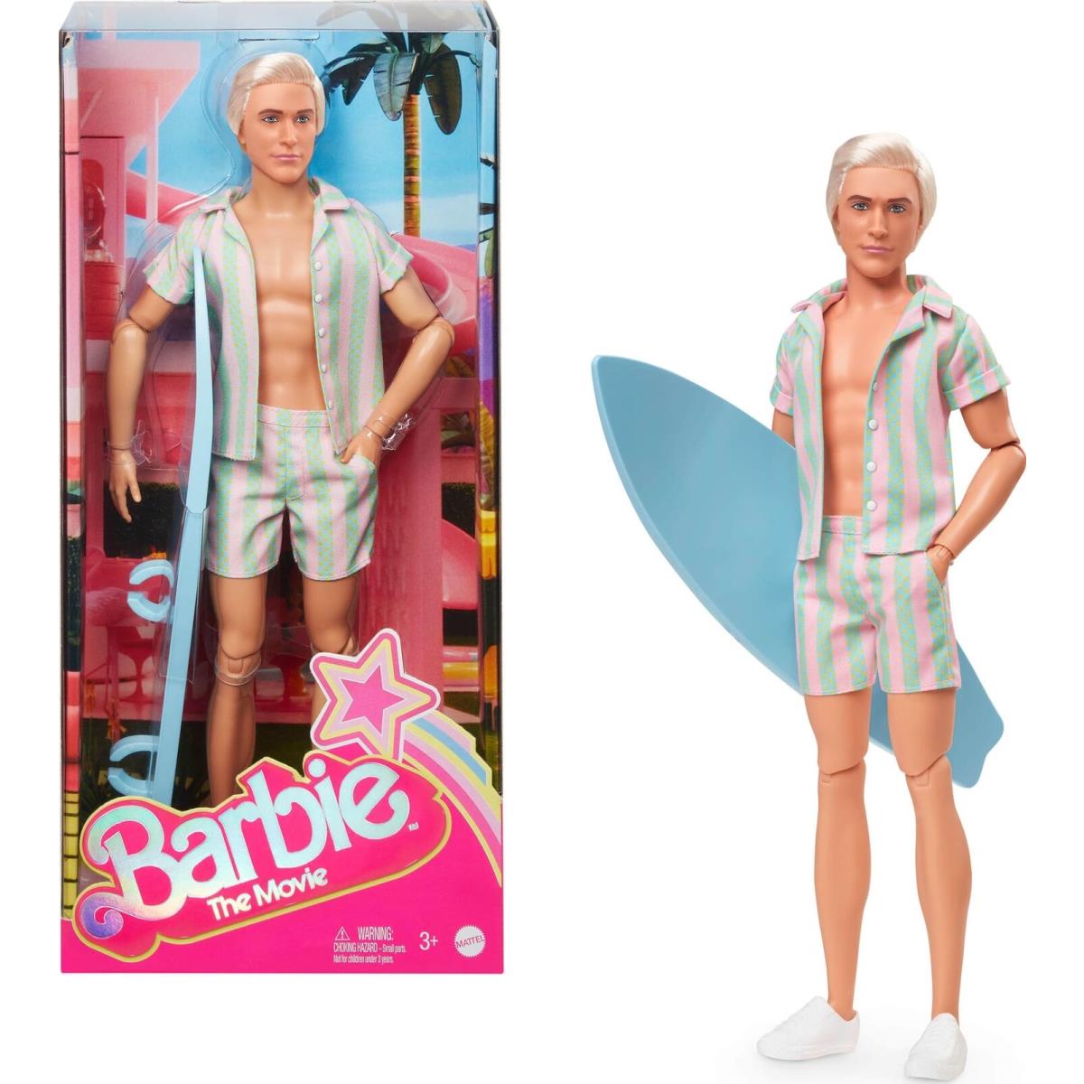 Barbie The Movie Ken Doll Wearing Pastel Pink and Green Striped Beach Matching S