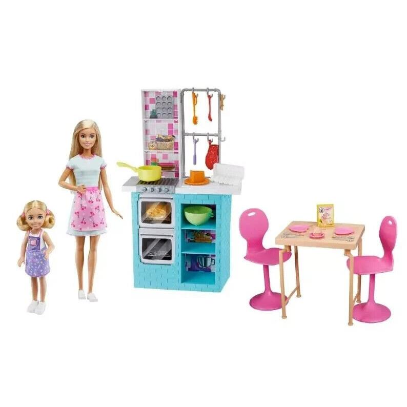 Barbie Kitchen Baking w/ Chelsea Doll Playset 15 Accessories Table Chairs HBX03