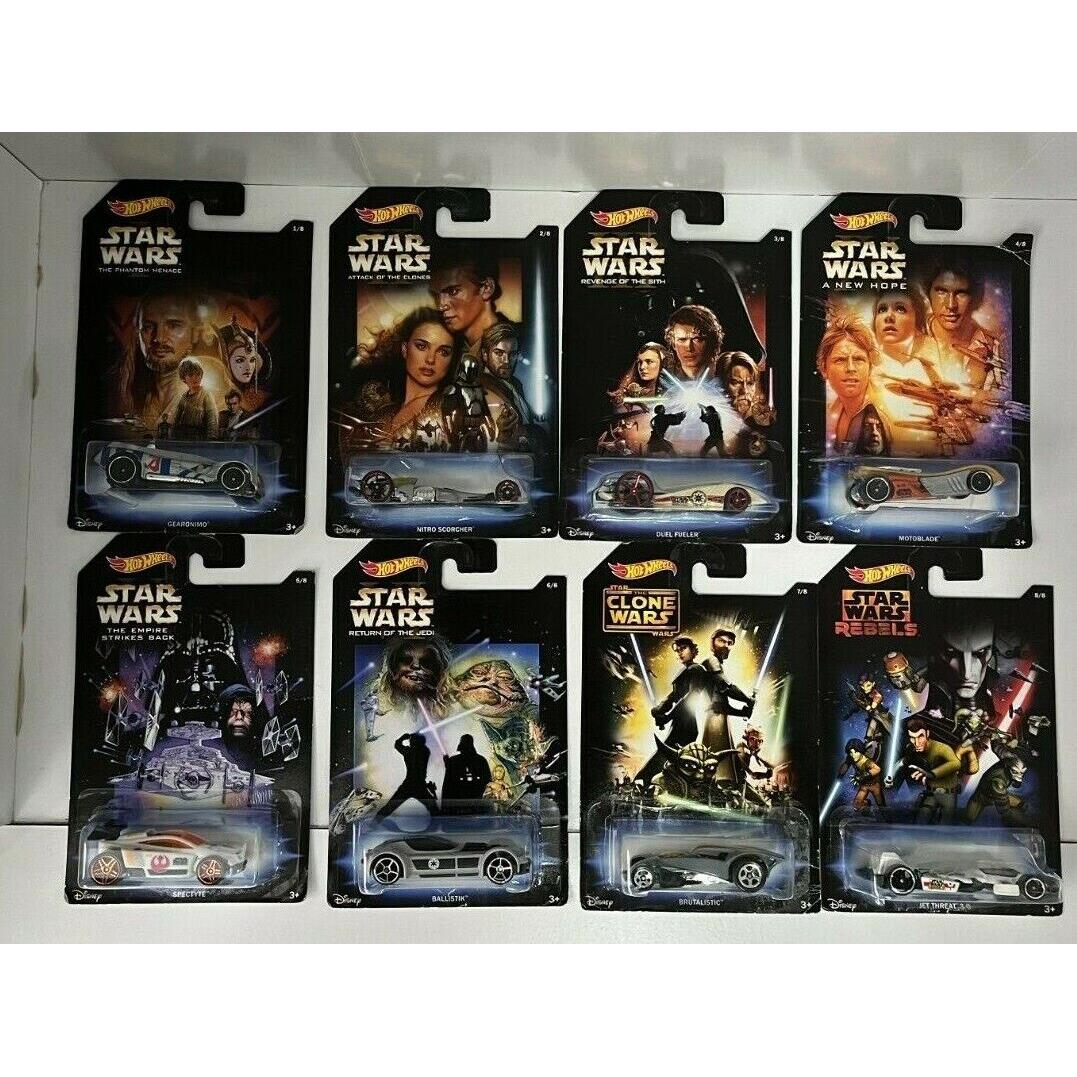 Set of 8 Hot Wheels Star Wars 1:64 Star Wars Movie Themed Cars Mint in Package