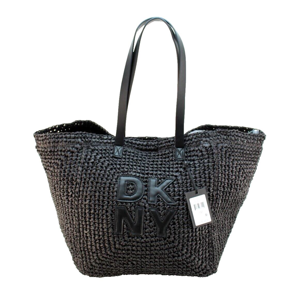 Dkny Paloma Black Natural Weave with Stitched Logo Large Tote Bag