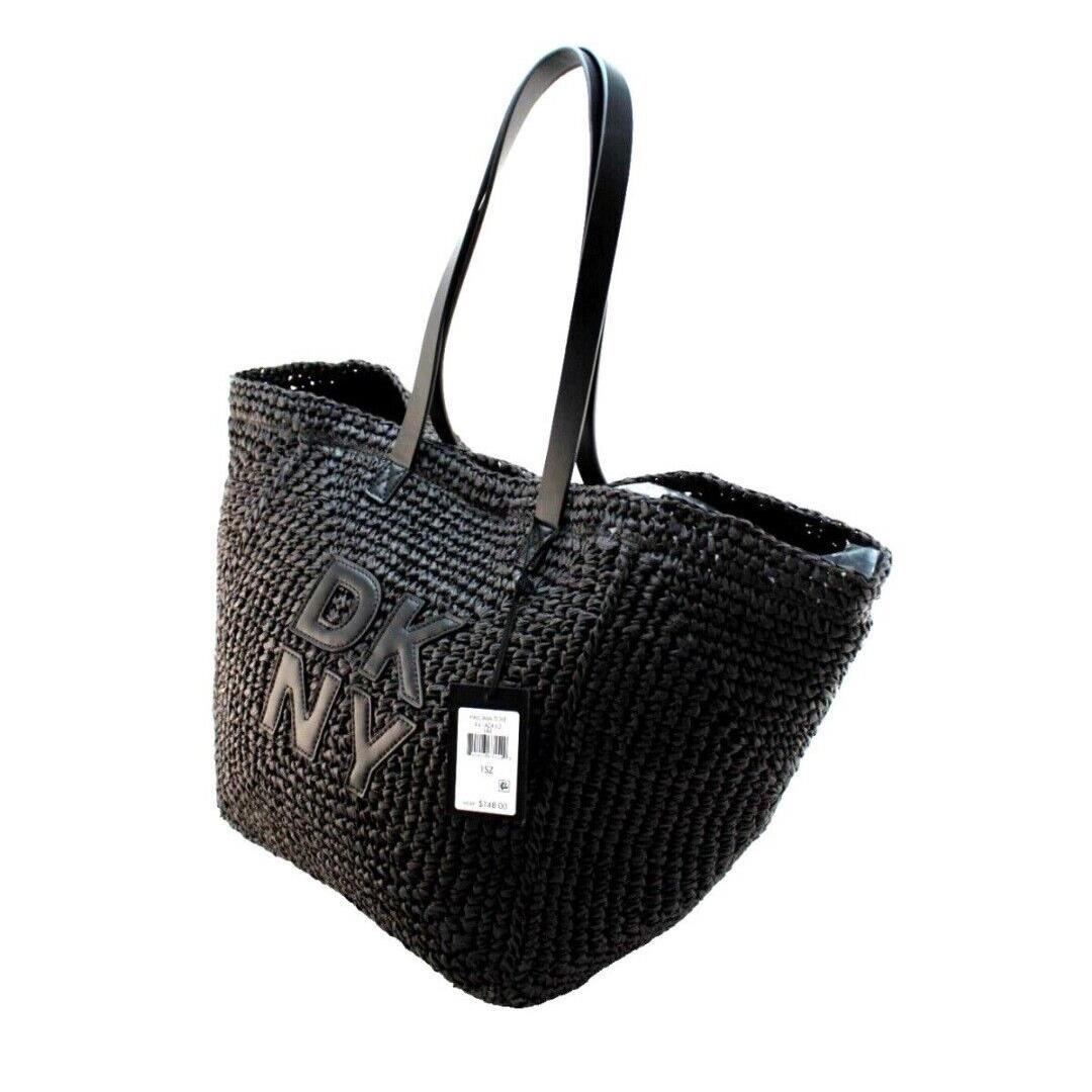 Dkny Black Paloma Woven Straw Tote Purse Handbag Lined W/ Inside Pockets