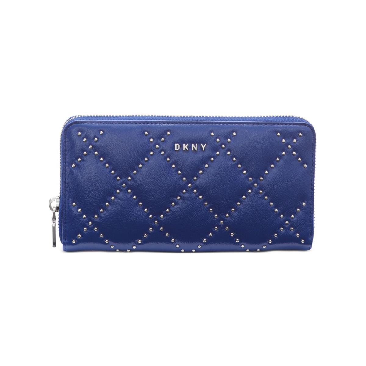 Dkny Blue Quilted Rhinestone Leather Strapless Zip Around Wallet