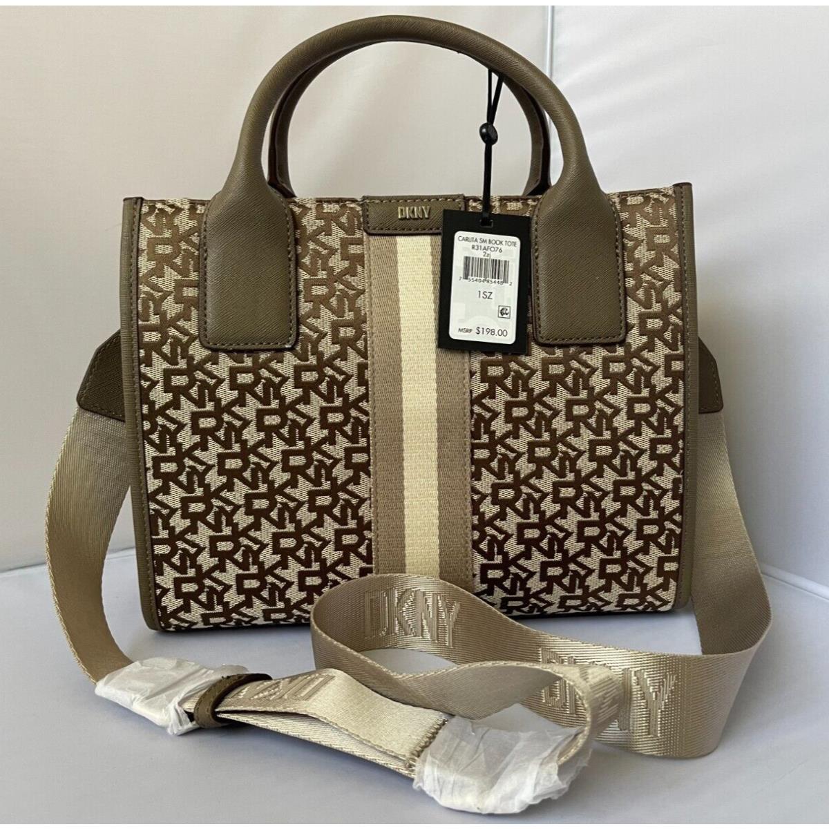 Dkny Carlita SM Book Tote Jacquard Logo Bag Brown Tan Taupe