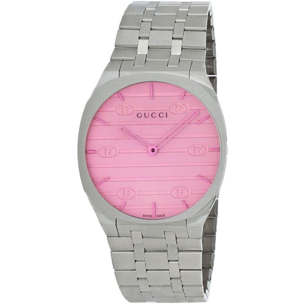 Gucci 25H Quartz Pink Colored Glass Dial 38MM SS Women`s Watch YA163410