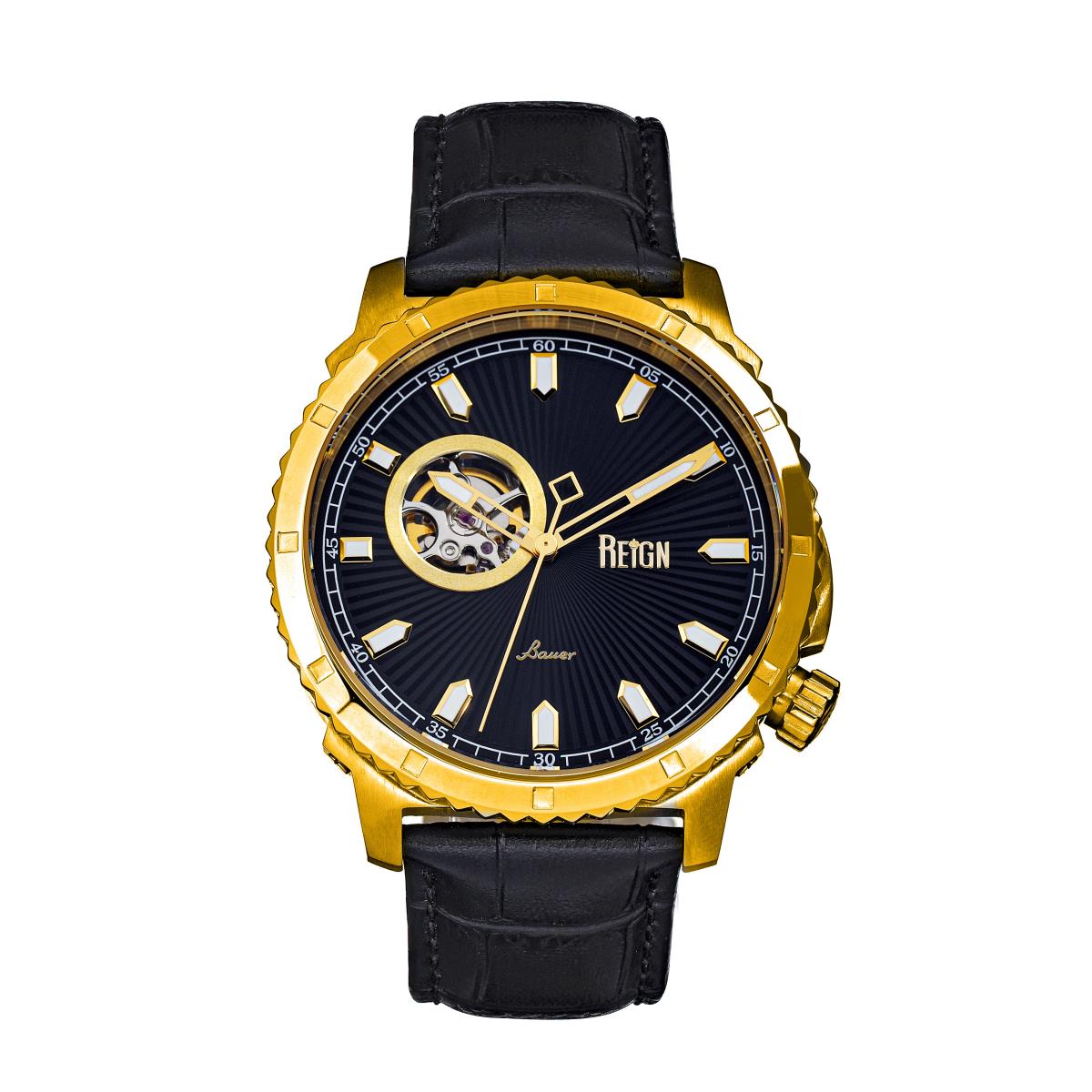 Reign Bauer Automatic Semi-skeleton Leather-band Watch - Gold/black