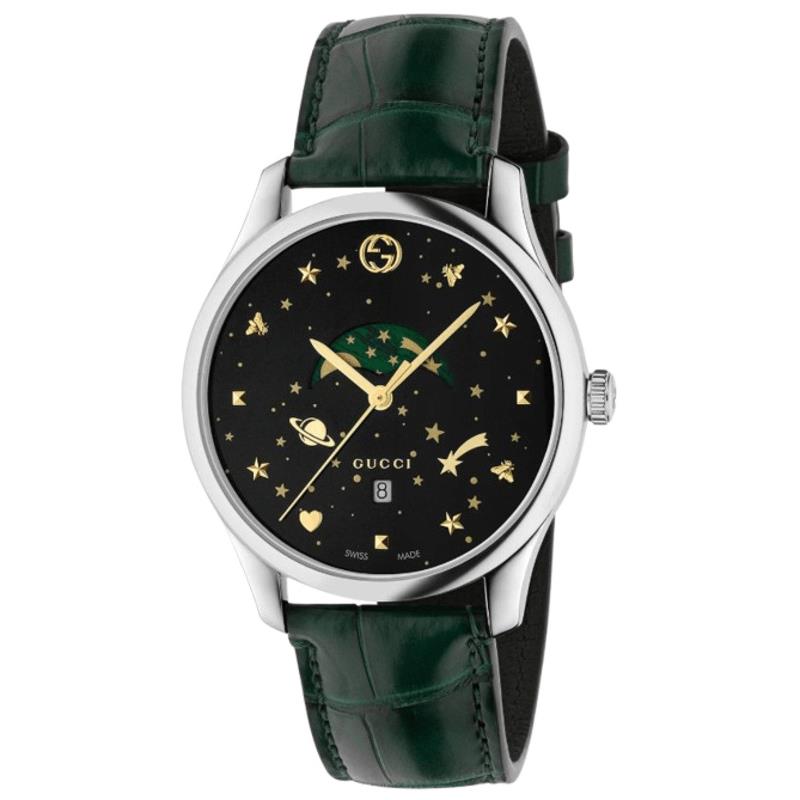 Gucci G-timeless Quartz Black Dial Green Leather Strap Men`s Watch YA126326