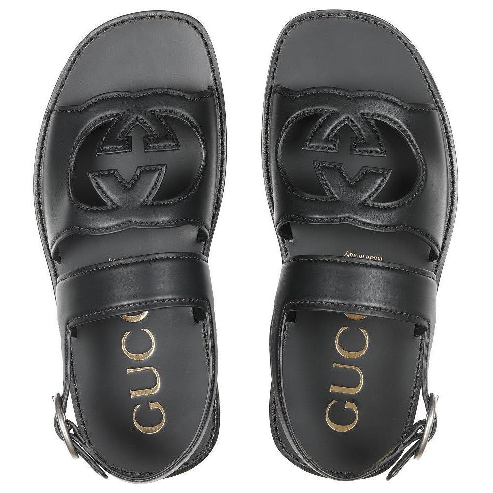 Gucci Luxury Black Leather Interlocking G Sandals Shoes 11/US 11.5