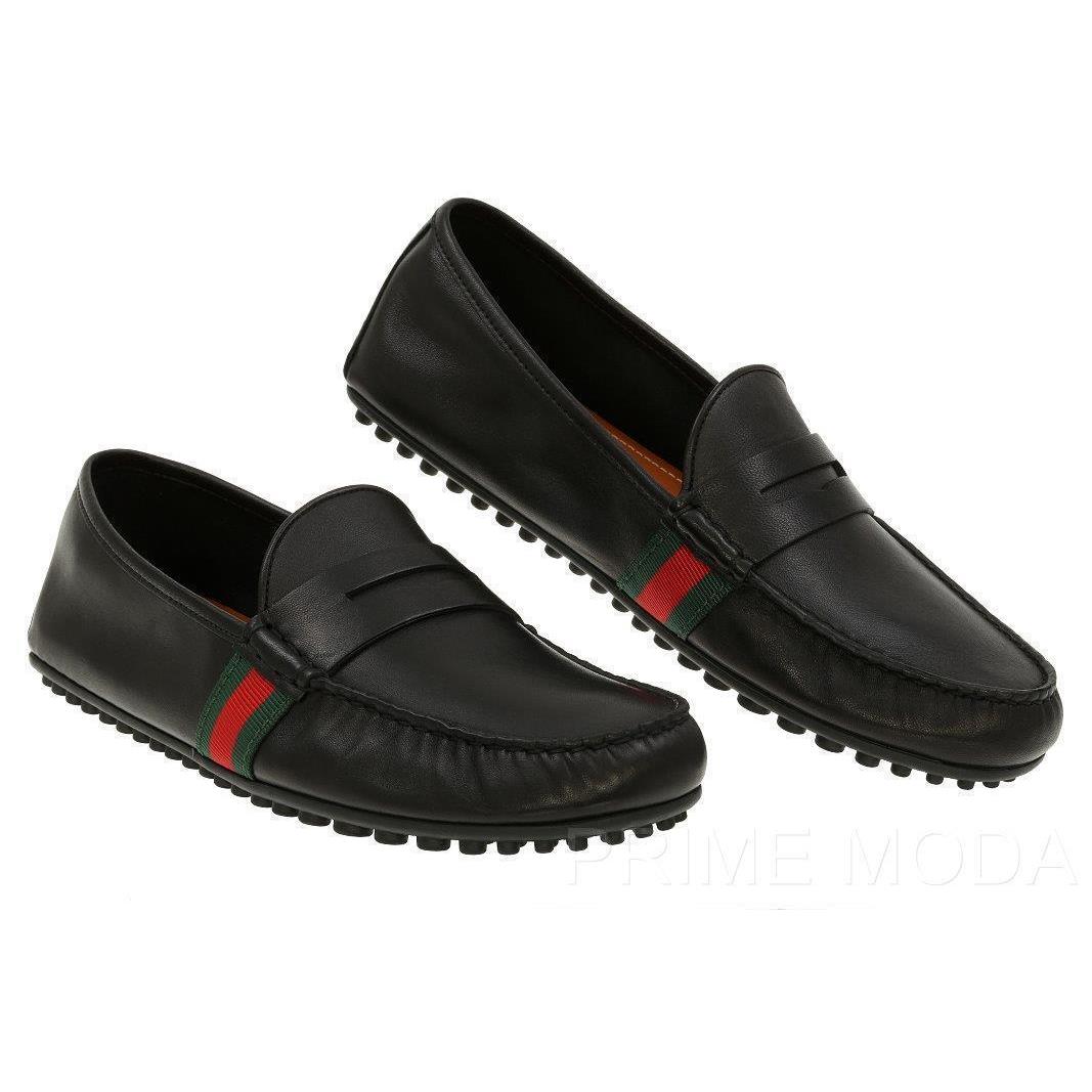 Gucci Black Unlined Leather Web Detail Moccasins Driver Shoes 12 G/us 12.5