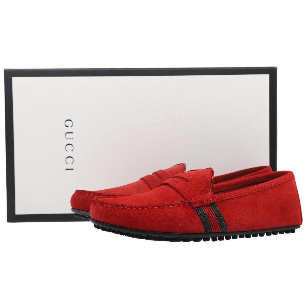 Gucci Red Suede Leather Web Detail Moccasin Loafers Shoes 7/US 7.5