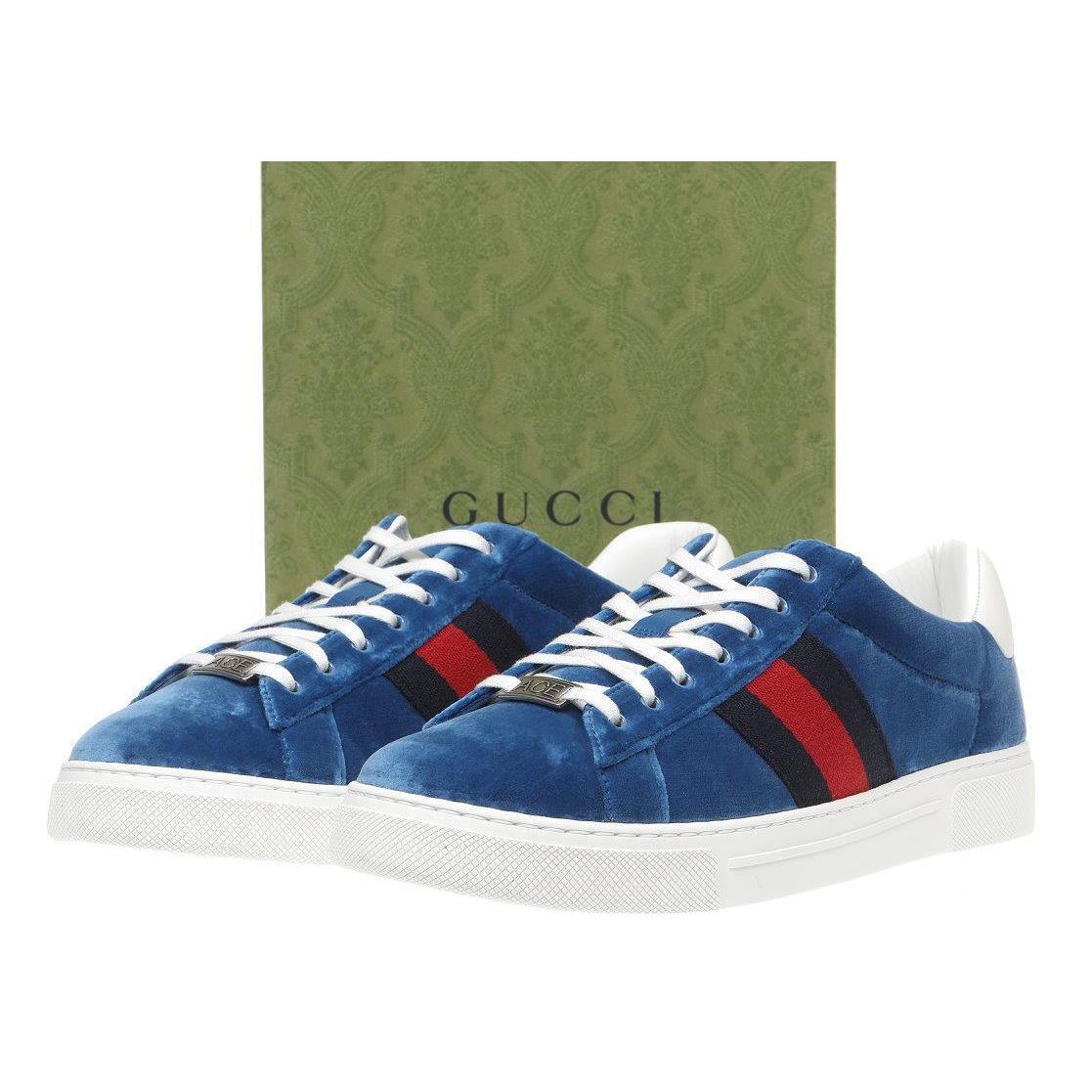 Gucci Ace Vintage Blue Velvet Web Low Top Sneakers Shoes 7/US 7.5