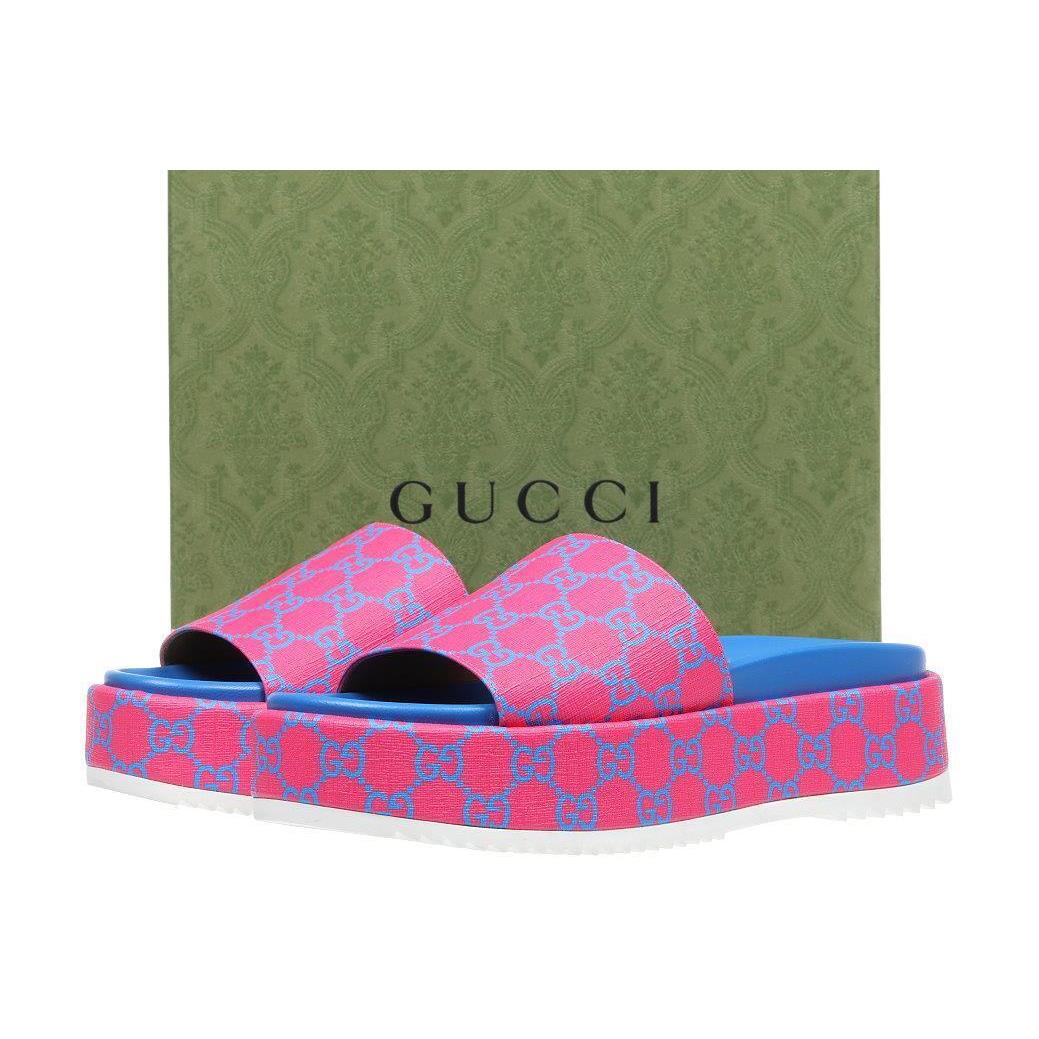 Gucci Fuxia Blue Platform Wedge Sandals Shoes 38.5/US 8.5