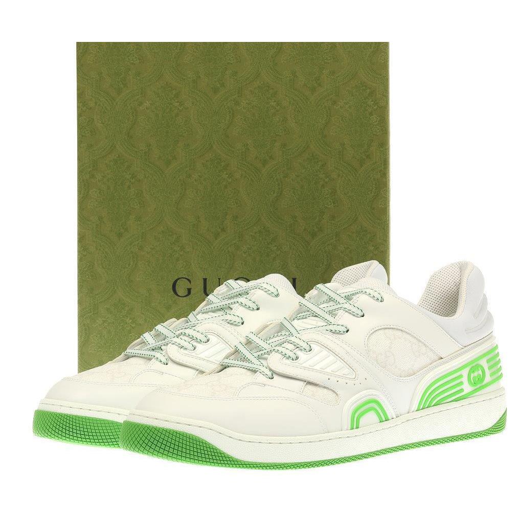 Gucci Men`s Basket Green White Leather Logo Sneakers Low Top Shoes 8/US 8.5