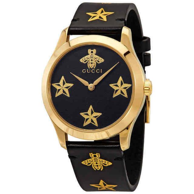 Gucci YA1264055 Black Leather Star Bees Wrist Watch