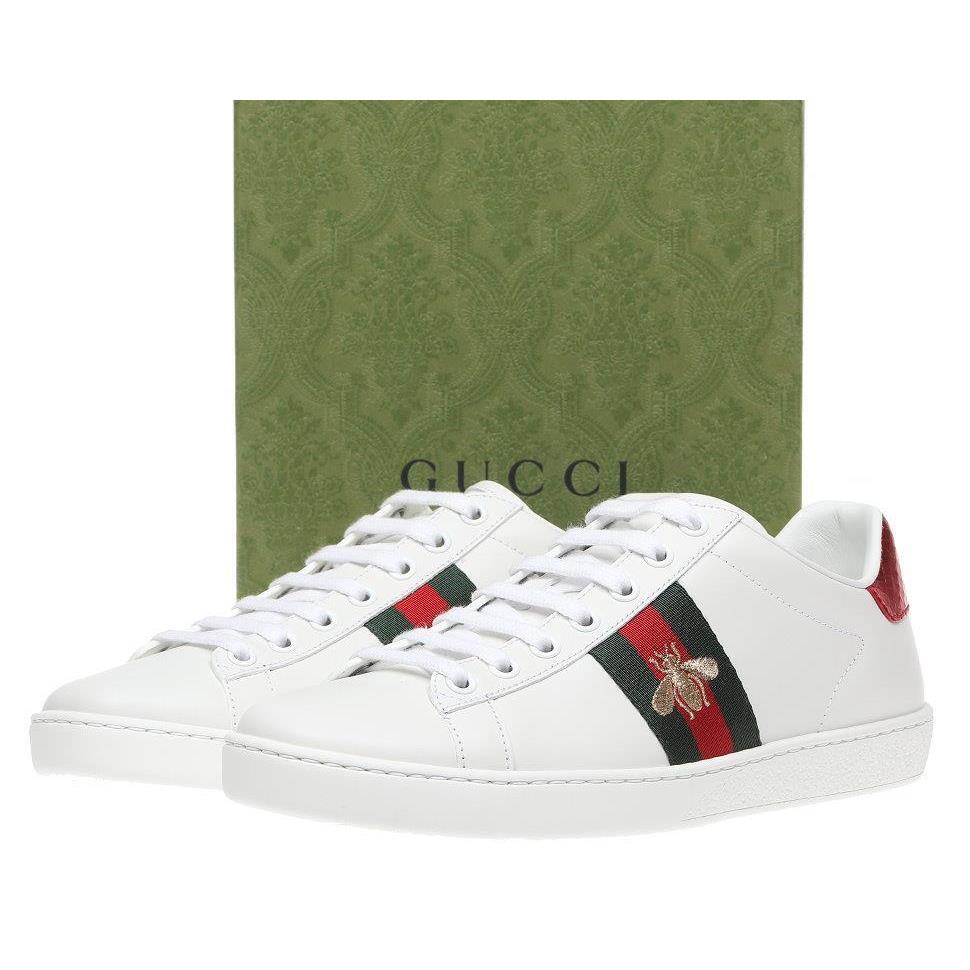 Gucci Ace Web Bee White Leather Sneakers Shoes 38/US 8