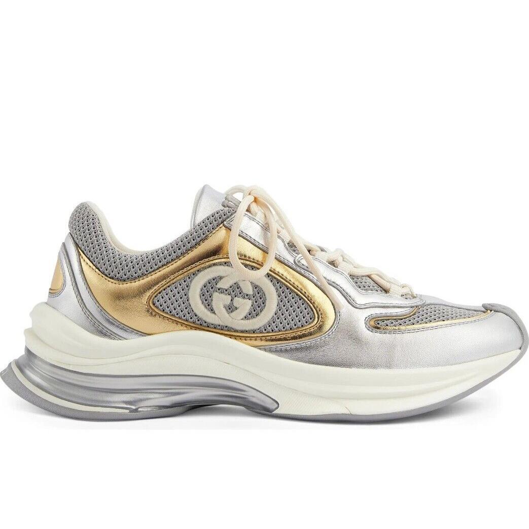 Gucci Run Women`s Premiem Suede Mesh Sneakers Silver Gold 35.5