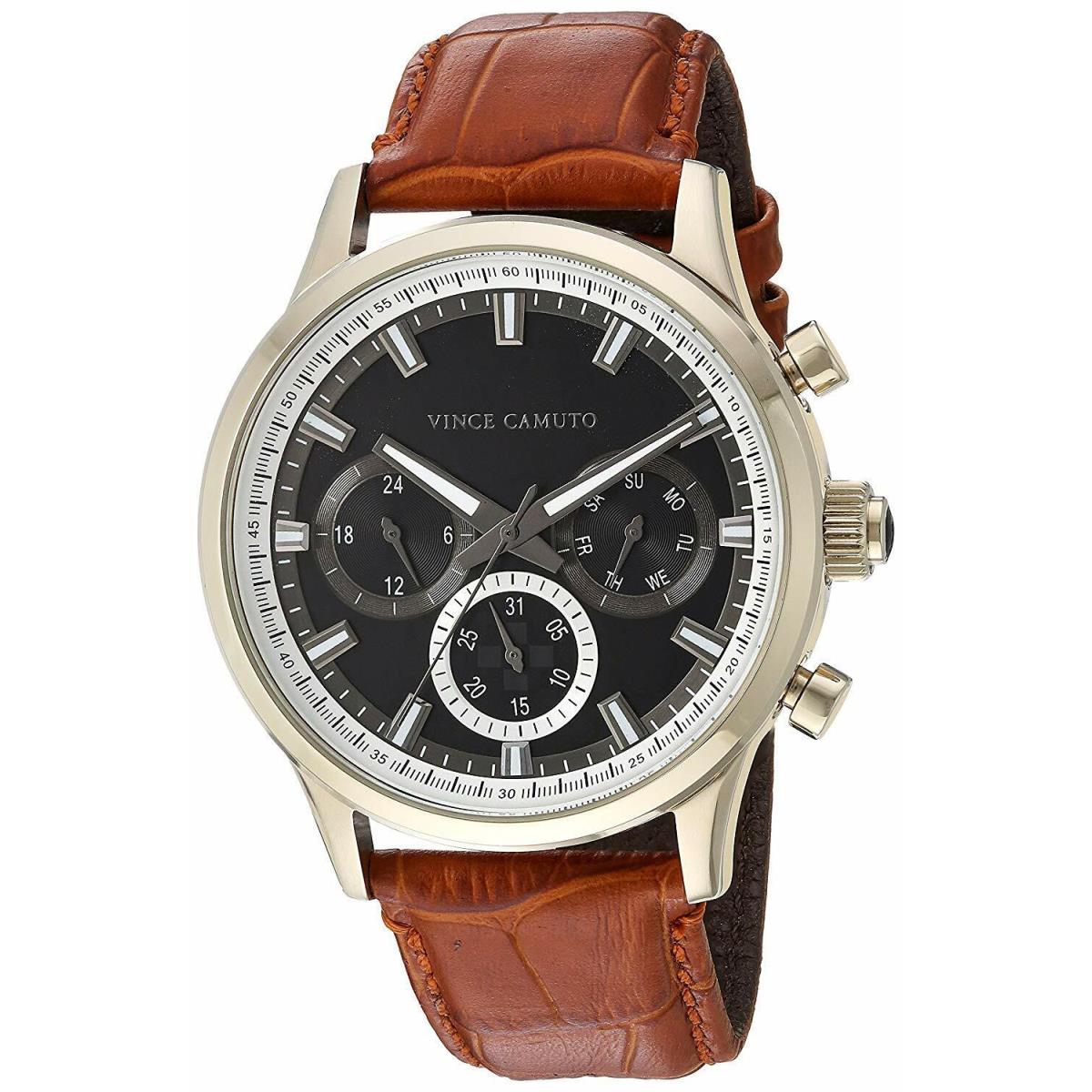 Vince Camuto VC/1089BKGP Silver Tone Brown Leather Mens Chronograph Watch