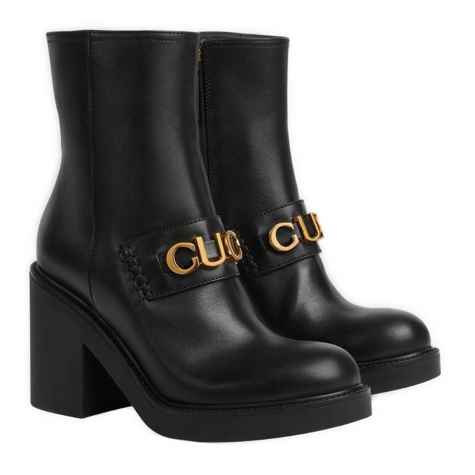 Gucci Black Leather Lug Sole Gucci Script Logo Ankle Boots Shoes 39/ US 9