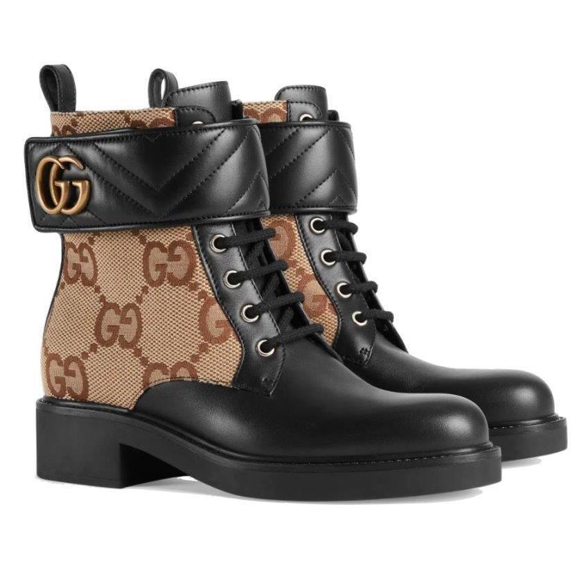 Gucci Beige Ebony Jumbo GG Canvas Black Leather Double G Boots Shoes 35