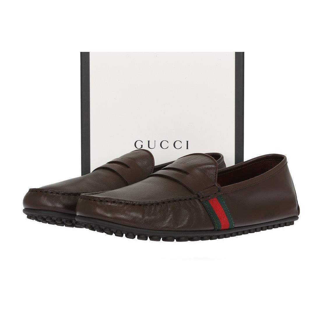 Gucci Luxury Brown Unlined Leather Web Driver Moccasins Shoes 13.5/US 14