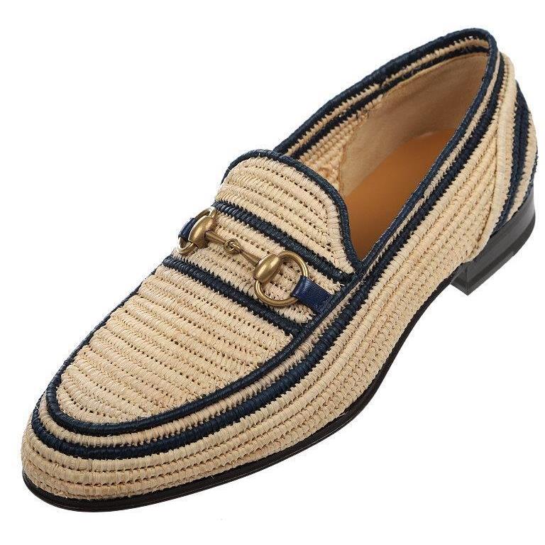 Gucci Men Natural Beige Raffia Horsebit Casual Loafer Shoes 11/ US 11.5 - Beige