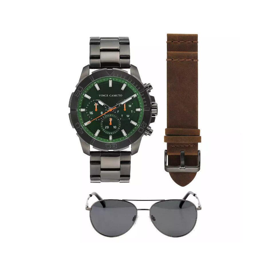 Vince Camuto Chronograph Stainless Steel Men`s Watch Sunglass Set VC/1147GNDGST