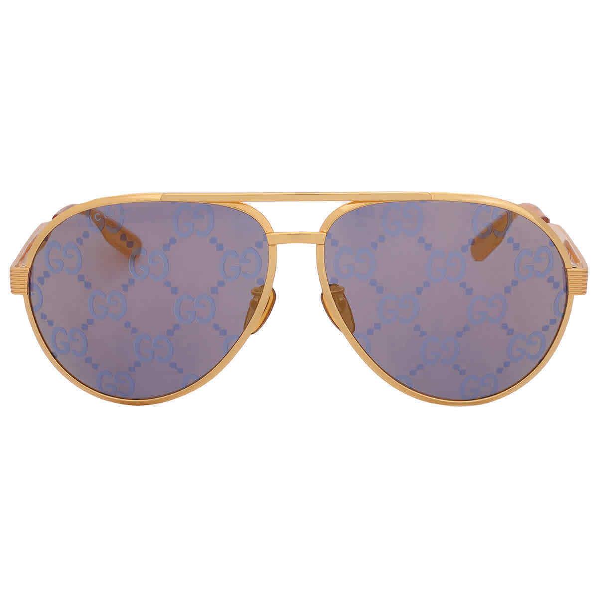 Gucci Gold with Blue Logo Mirror Pilot Men`s Sunglasses GG1513S 005 64