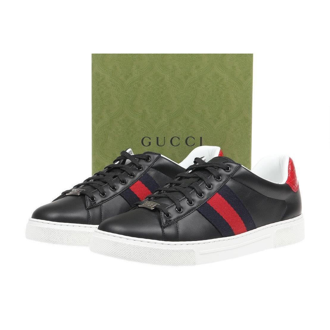 Gucci Men`s Black Leather Web Sneakers Shoes 8/US 8.5