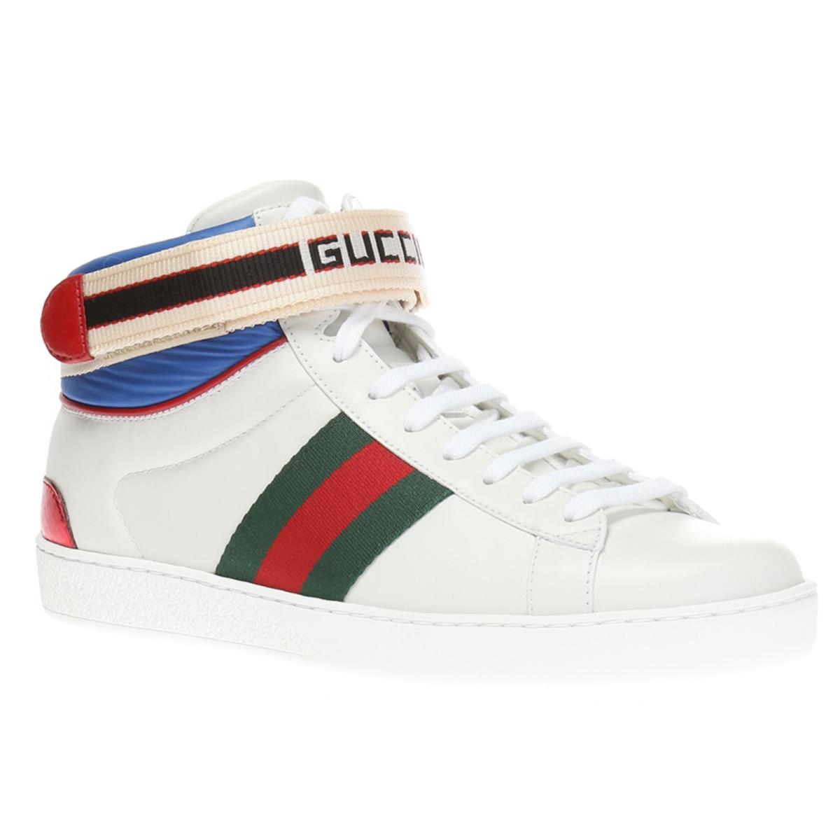 Gucci New Ace Men`s White Ace Stripe High Top Sneaker N4604 Size 7 G / 7.5 US