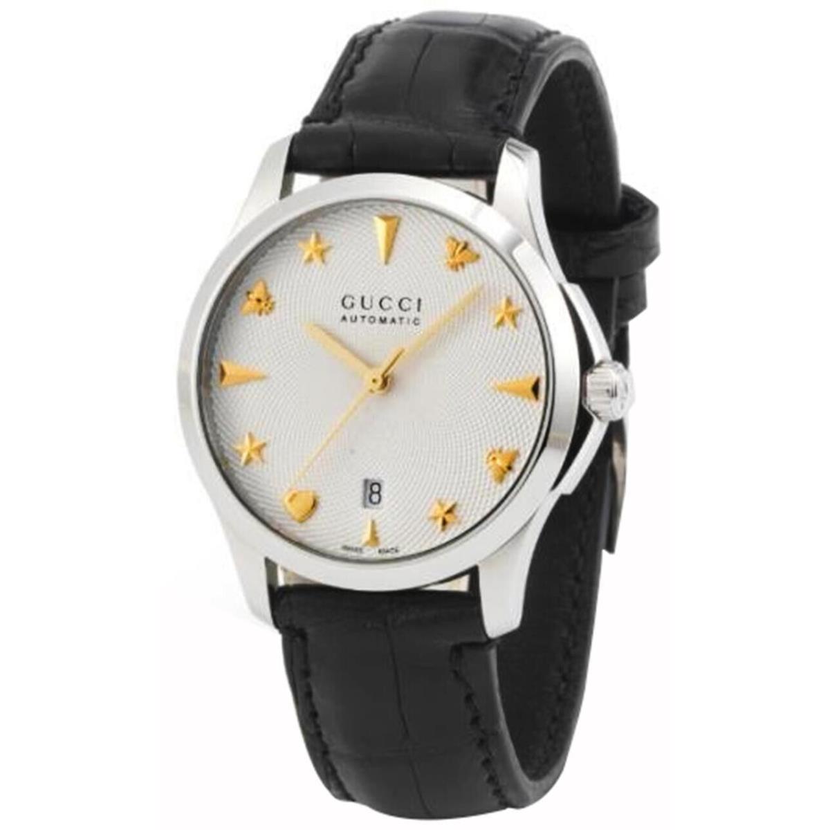 Gucci G-timeless Automatic SS 38mm Guilloch Leather Unisex Watch YA126468