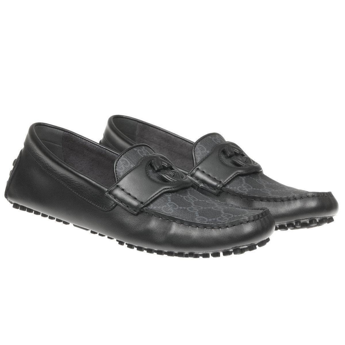 Gucci Luxury Black Gray GG Interlocking Moccasin Driver Shoes 7.5/US 8