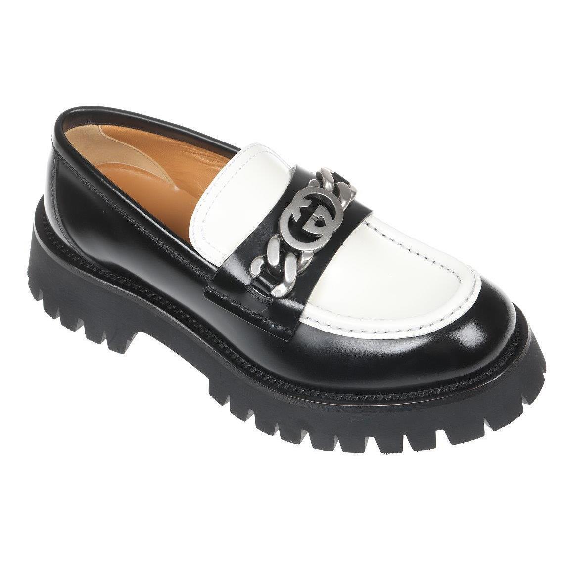 Gucci Ladies Black White Leather GG Chain Lug Sole Loafers Shoes 39/US 9