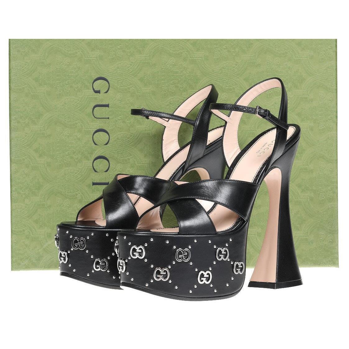 Gucci Luxury Black Leather Interlocking G Studs Sandals Shoes 38/US 8