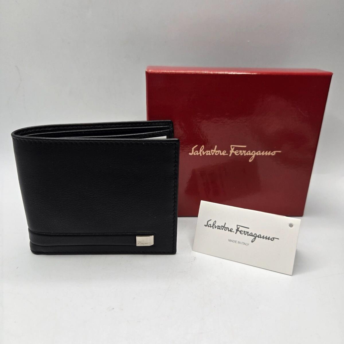 Salvatore Ferragamo Italian Black Leather Bifold Wallet Silver Logo