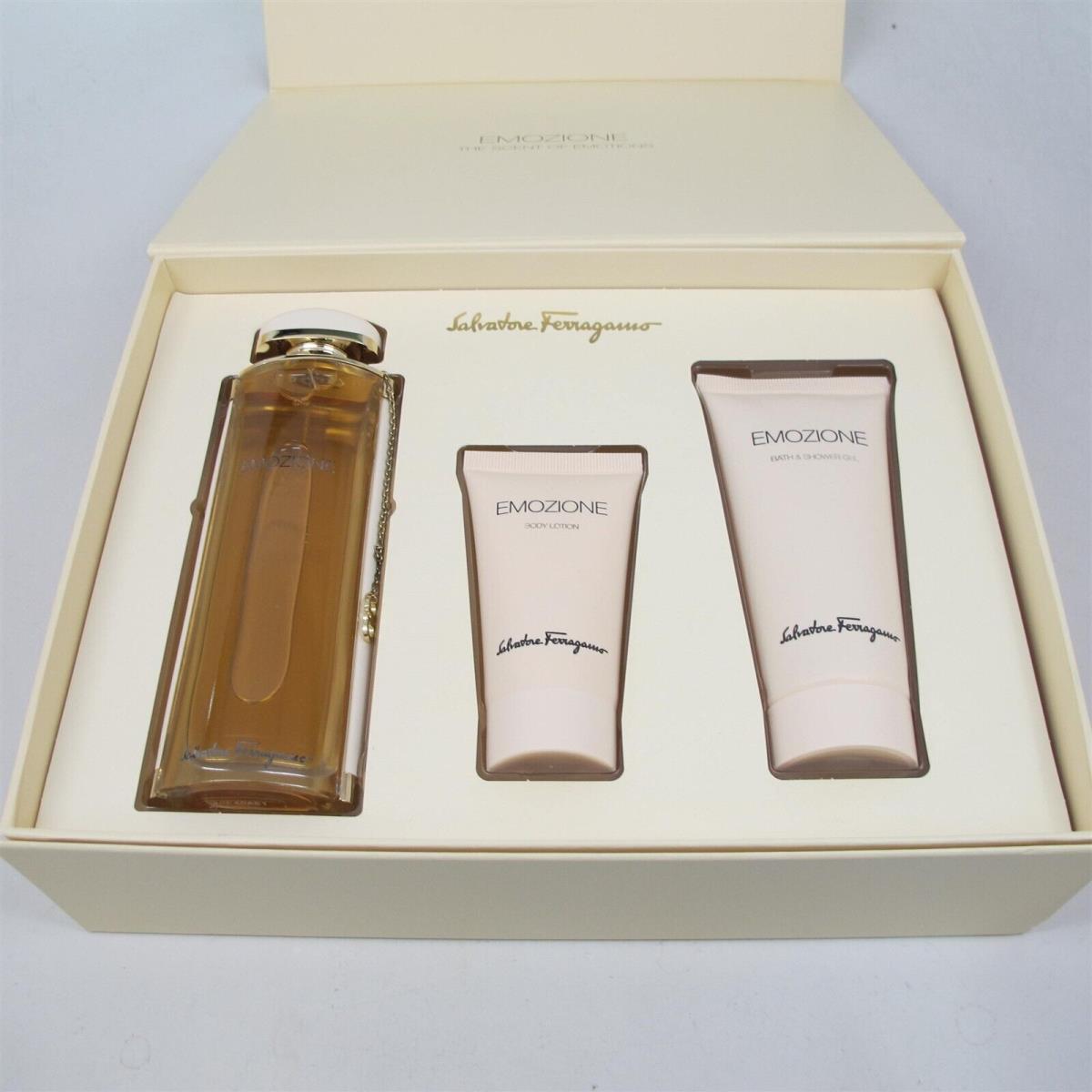 Emozione by Salvatore Ferragamo 3 Pcs Set: 3.1 oz Edp Spray Lotion Gel