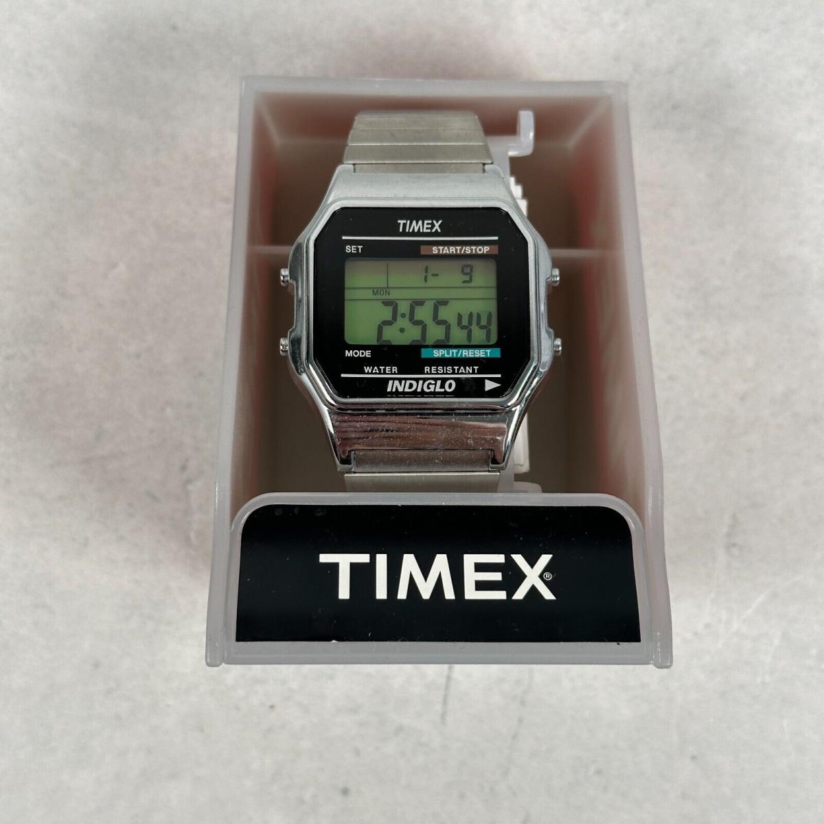 Timex Watch Men 34mm Green Dial Digital Indiglo Silver Tone Stretchy Battery