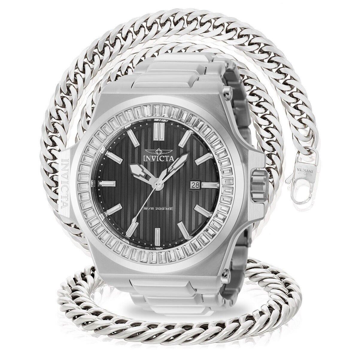 Invicta 58mm Akula Men`s Watch with Silver Cuban Link Necklace Bracelet - Dial: Gunmetal, Band: Silver