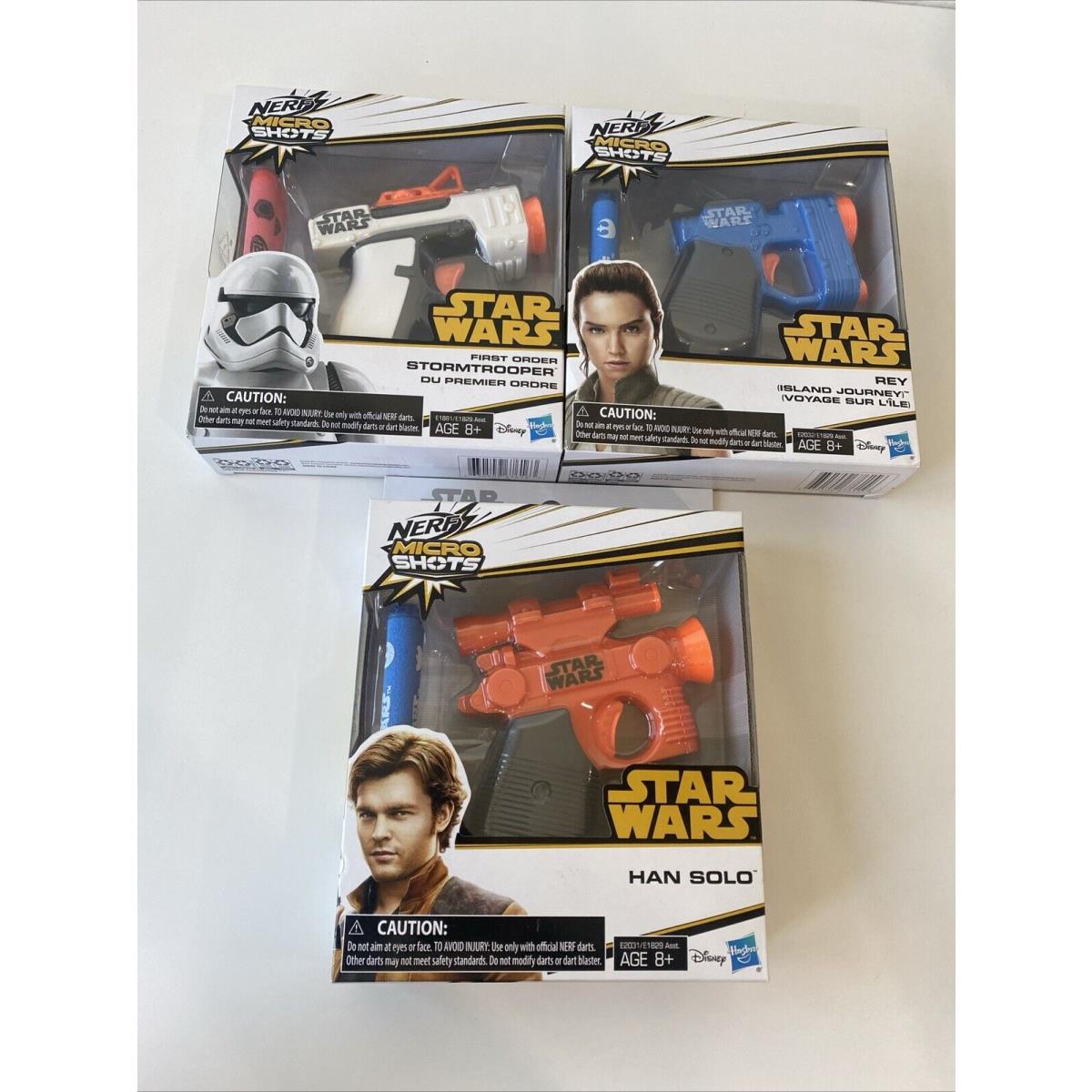 Star Wars Nerf Microshots Complete Set Rey Han Solo Stormtrooper Blaster 1-3