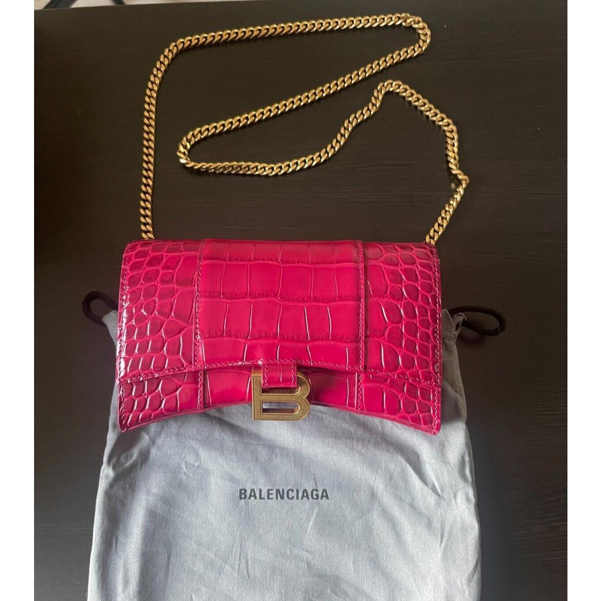 Women`s Balenciaga Hourglass Chain Wallet Raspberry Crocodile Embossed