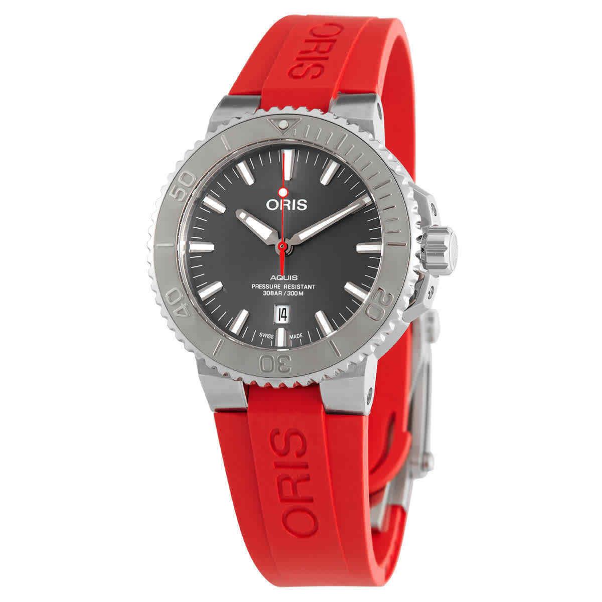 Oris Aquis Automatic Grey Dial Men`s Watch 01 733 7730 4153-07 4 24 66EB - Dial: Gray, Band: Red, Bezel: Gray