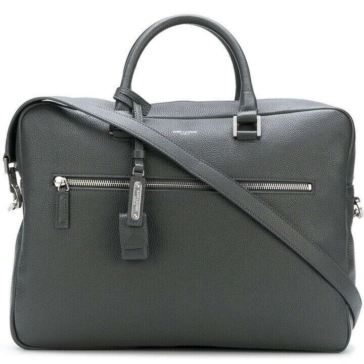 Ysl Saint Laurent Mens Milo Logo Embossed Grained Leather Briefcase Grey