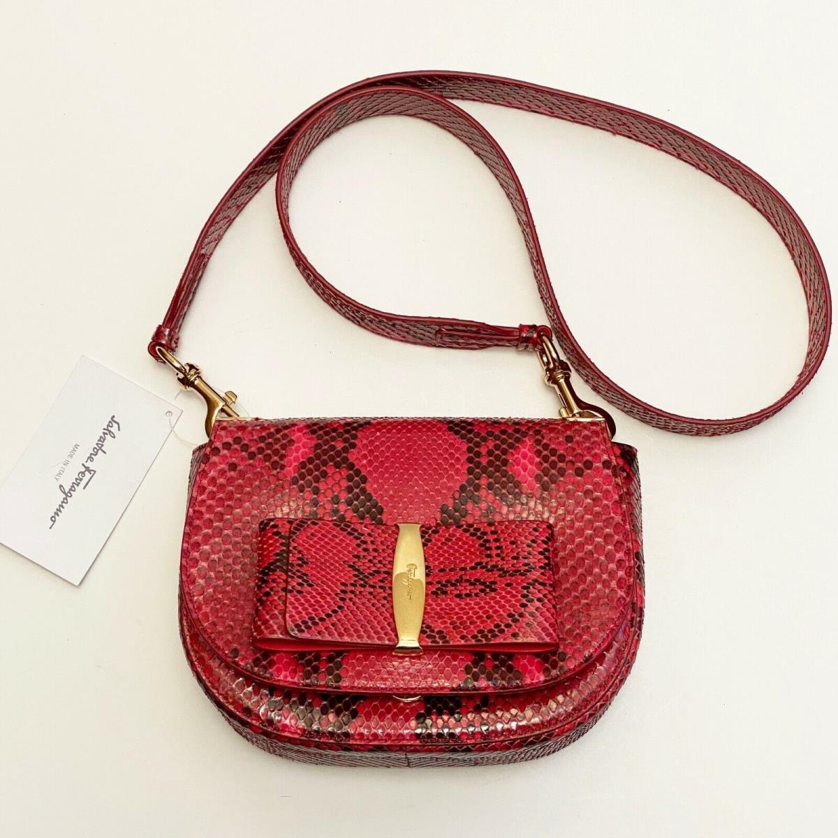 Salvatore Ferragamo Anna Red Snake Exotic Leather Saddle Bag Clutch Handbag