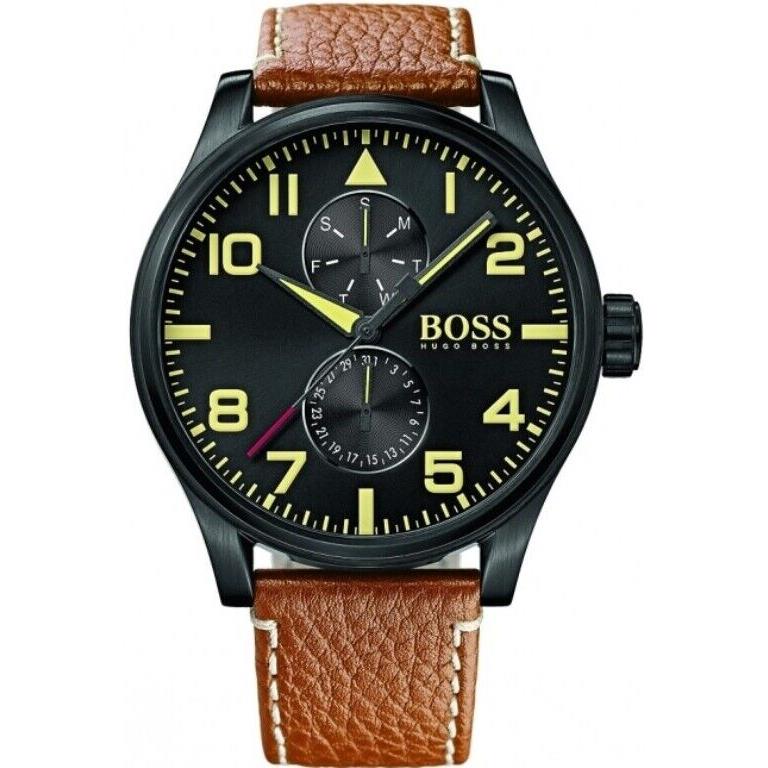 Hugo Boss Men`s Aeroliner Day Date Leather Strap Watch 1513082