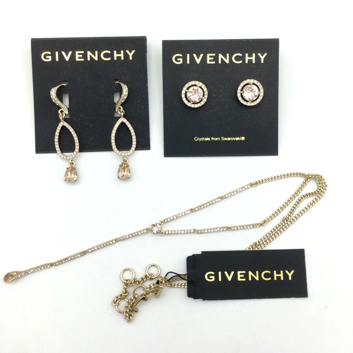 Givenchy Peachy Pink Crystal Earrings Y Choker Necklace Set - 3 pc Gold-tone