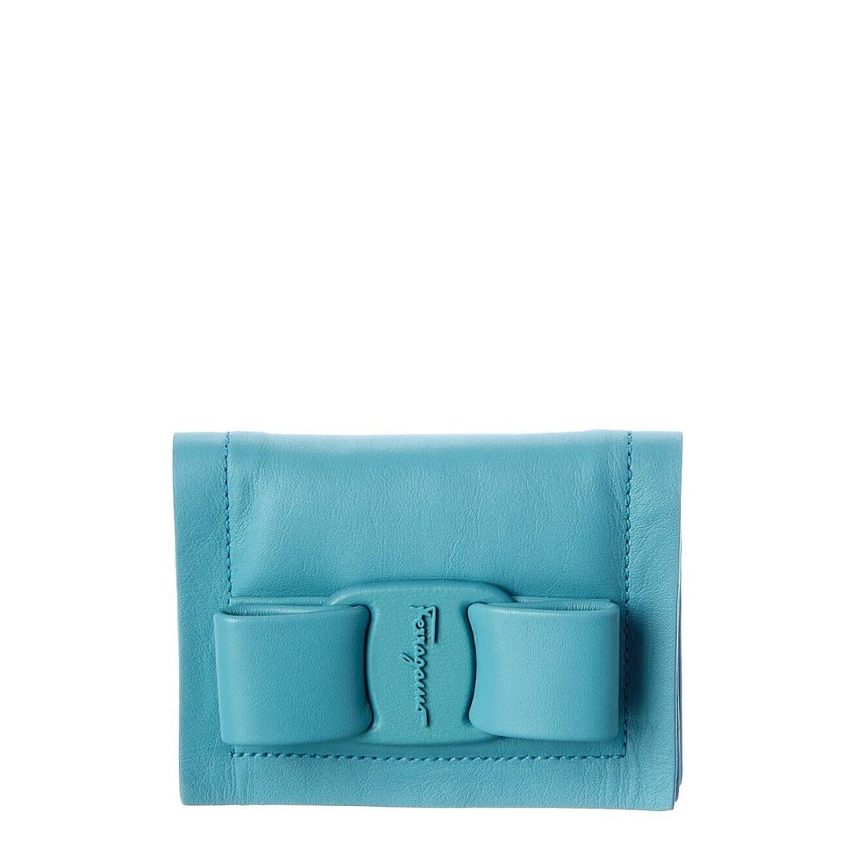 Salvadore Ferragamo Credit Card Case Small Turquoise Viva Bow Leather