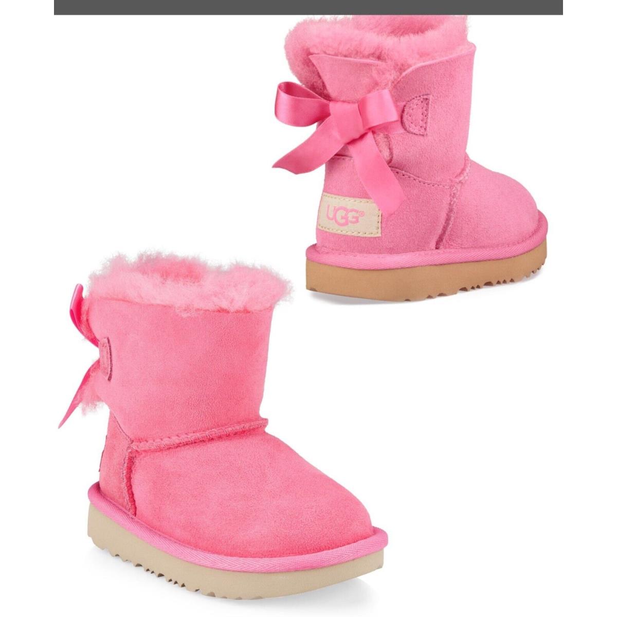 Ugg Girls Mini Bailey Bow II Twinface Sheepskin Winter Boots Pink Rose Size 6