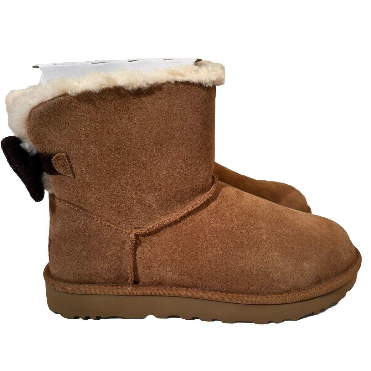 US Size 10 - Ugg Women`s Mini Bailey Ribbed Bow Suede in Chestnut