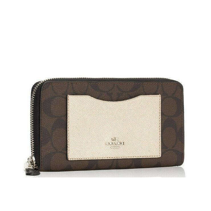 Coach 22712 Dark Brown Platinum Gold Metallic Colorblock Accordion Zip Wallet NW